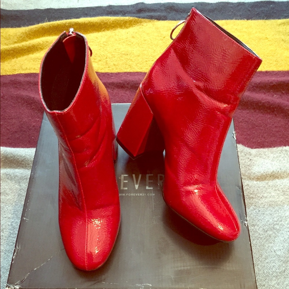 Faux red leather booties